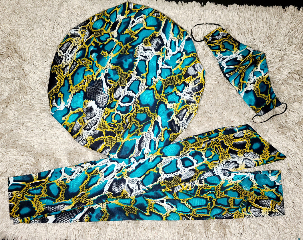 African Print Bonnet Set/ Turquoise