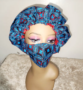 African Print Bonnet Set/Blue & Red