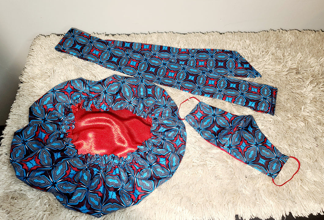 African Print Bonnet Set/Blue & Red