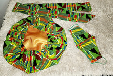 Load image into Gallery viewer, Green Kente Cloth Bonnet Set