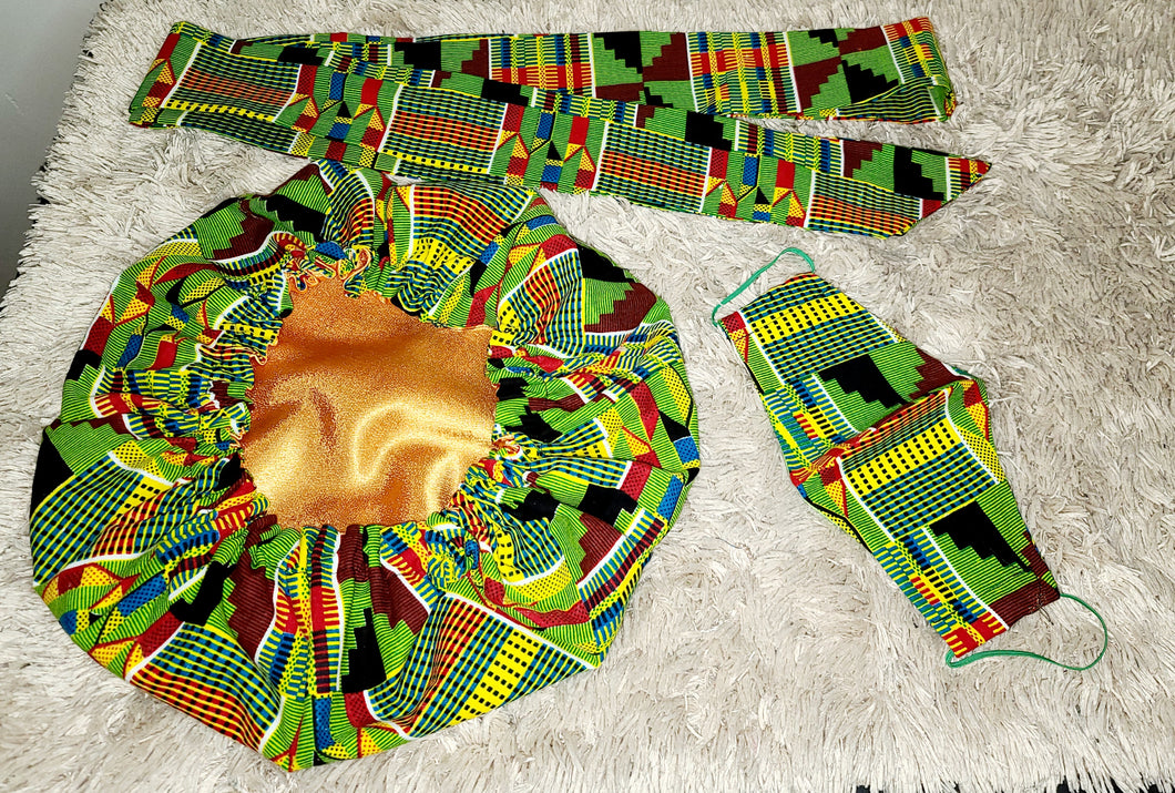 Green Kente Cloth Bonnet Set