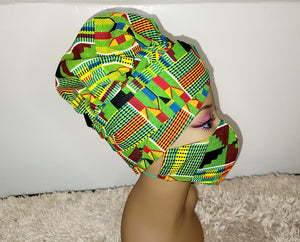 Green Kente Cloth Bonnet Set