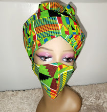 Load image into Gallery viewer, Green Kente Cloth Bonnet Set