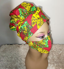 Load image into Gallery viewer, African Print Bonnet Set/Red, Green, &amp; Yellow