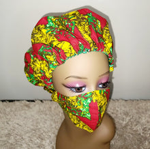 Load image into Gallery viewer, African Print Bonnet Set/Red, Green, &amp; Yellow