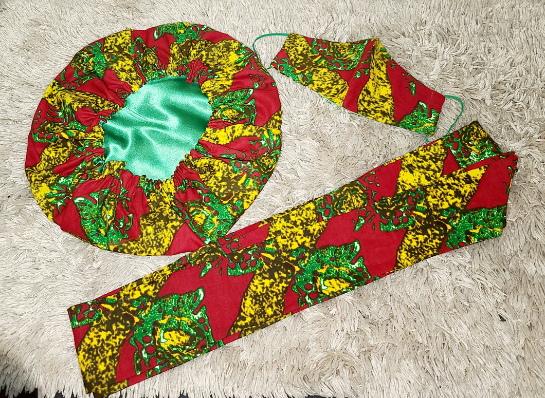 African Print Bonnet Set/Red, Green, & Yellow