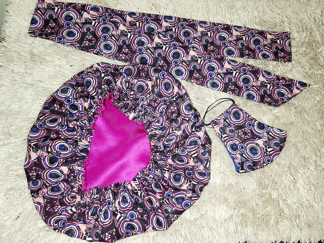 Satin Bonnet Set/Pink Multi Color