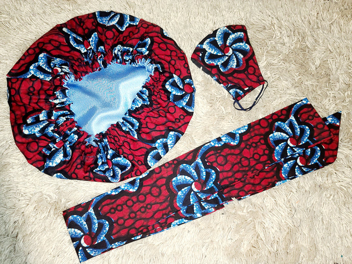 African Print Bonnet Set/Red & Blue