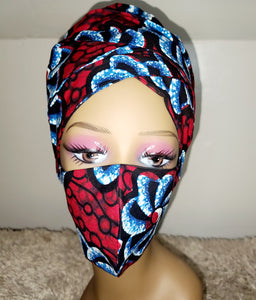 African Print Bonnet Set/Red & Blue