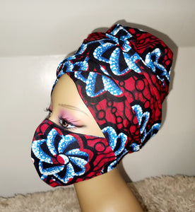 African Print Bonnet Set/Red & Blue