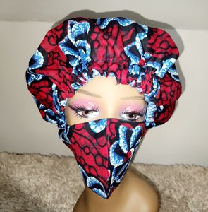 African Print Bonnet Set/Red & Blue