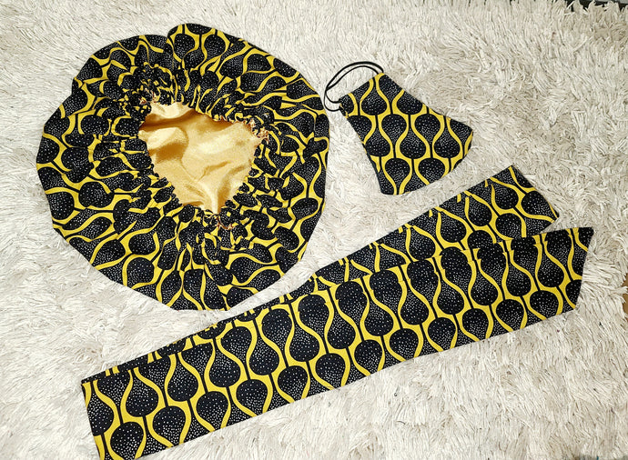 Satin Bonnet Set/Black & Gold